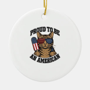 Patriotic Cat Proud to Be American Vintage Vector Ceramic Ornament