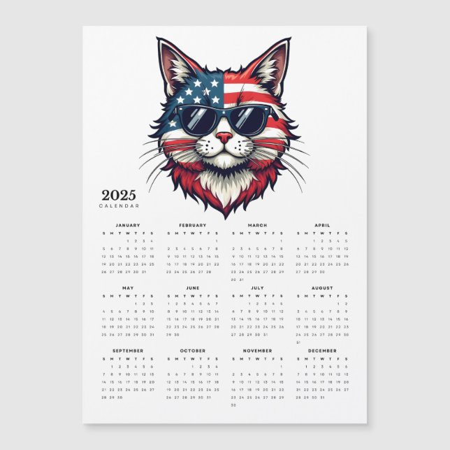 Patriotic Cat Red White Blue 2025 Magnet Calendar (Front)