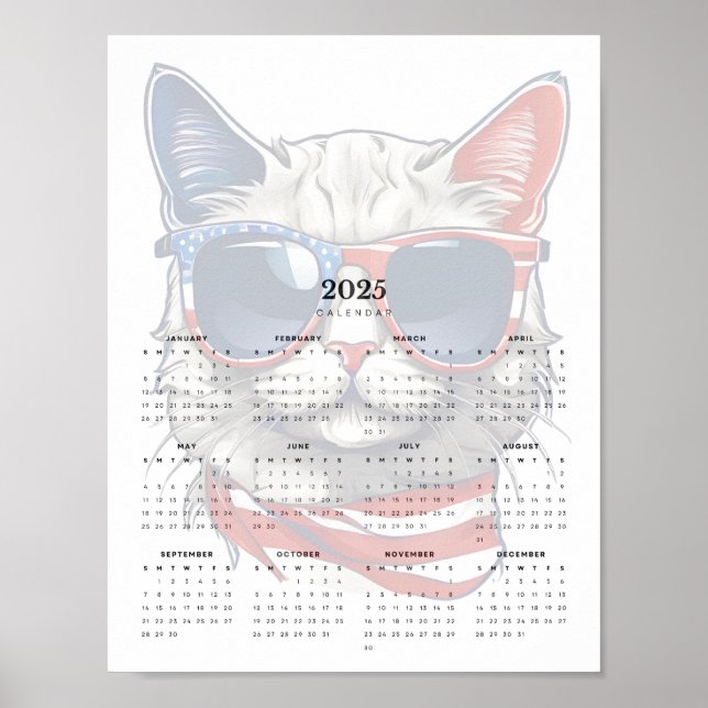 Patriotic Cat Red White Blue Scarf 2025 Calendar Poster (Front)