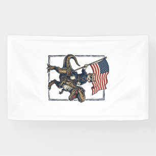 Patriotic Cat Riding Dinosaur Vintage Vector Desig Banner