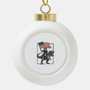Patriotic Cat Riding Dinosaur Vintage Vector Desig Ceramic Ball Christmas Ornament