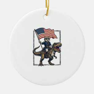 Patriotic Cat Riding Dinosaur Vintage Vector Desig Ceramic Ornament