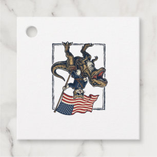 Patriotic Cat Riding Dinosaur Vintage Vector Desig Favour Tags