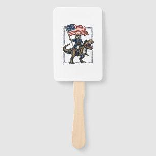 Patriotic Cat Riding Dinosaur Vintage Vector Desig Hand Fan