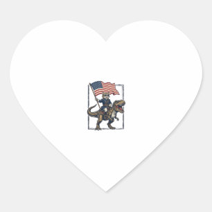 Patriotic Cat Riding Dinosaur Vintage Vector Desig Heart Sticker