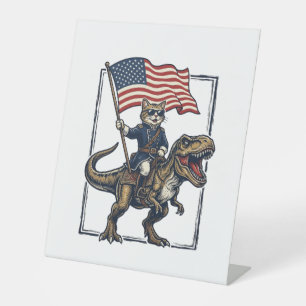 Patriotic Cat Riding Dinosaur Vintage Vector Desig Pedestal Sign