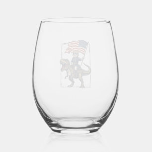Patriotic Cat Riding Dinosaur Vintage Vector Desig Stemless Wine Glass