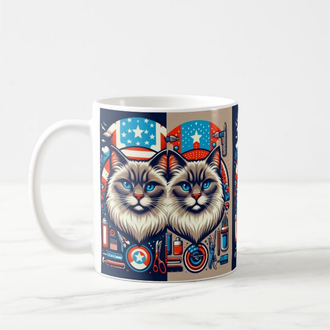 Patriotic Cat US Flag Mug - Cute Feline American  (Left)
