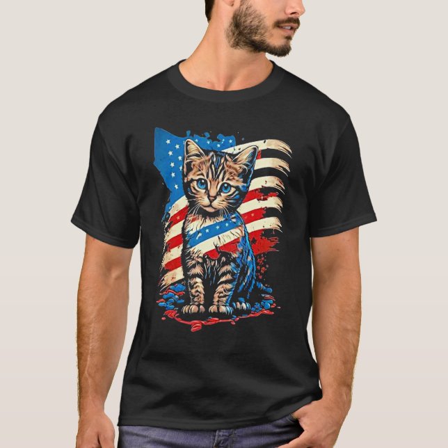 Patriotic Cat USA Flag For Man Woman T-Shirt (Front)