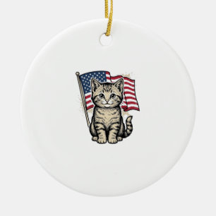 Patriotic Cat with American Flag Vintage Vector De Ceramic Ornament