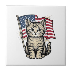 Patriotic Cat with American Flag Vintage Vector De Ceramic Tile