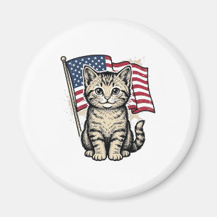 Patriotic Cat with American Flag Vintage Vector De Magnet