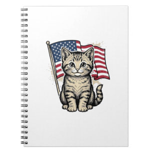 Patriotic Cat with American Flag Vintage Vector De Notebook
