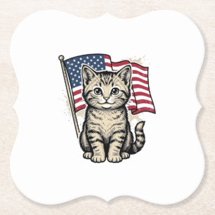 Patriotic Cat with American Flag Vintage Vector De Paper Coaster