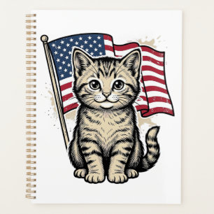 Patriotic Cat with American Flag Vintage Vector De Planner