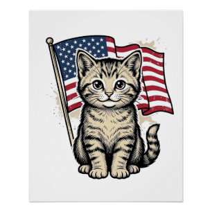 Patriotic Cat with American Flag Vintage Vector De Poster