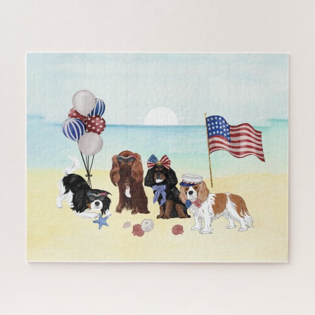 Patriotic Cavalier King Charles Spaniels Beach   Jigsaw Puzzle (Horizontal)