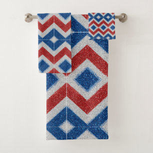 Patriotic Chevron Red White Blue Glitter Stripes Bath Towel Set
