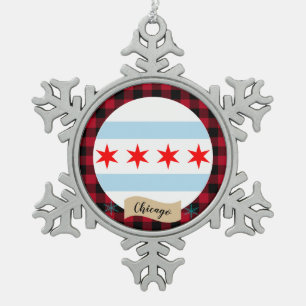 Patriotic Chicago, buffalo plaid, Chicago Flag Snowflake Pewter Christmas Ornament
