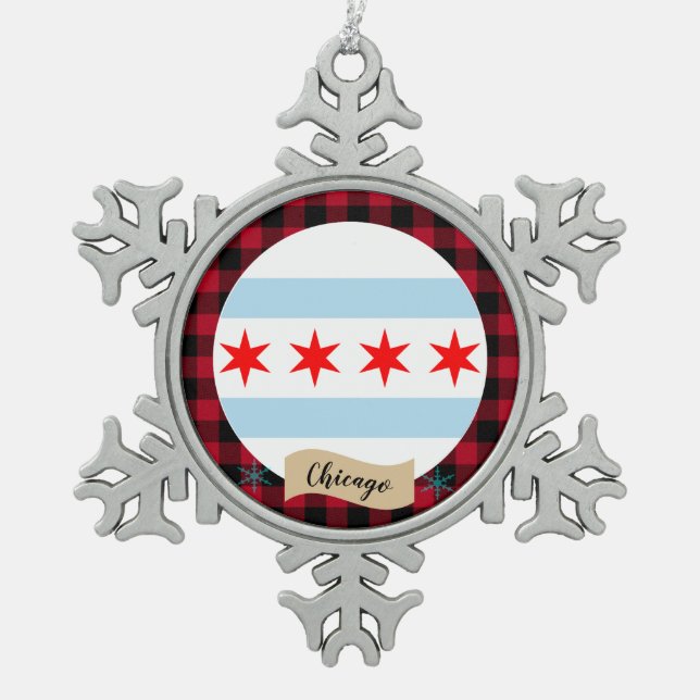 Patriotic Chicago, buffalo plaid, Chicago Flag Snowflake Pewter Christmas Ornament (Front)