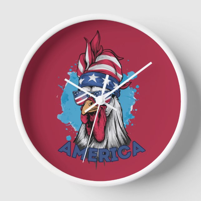 Patriotic Chicken in USA Bandanna and Shades Clock (Front)