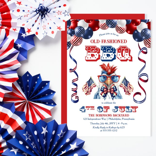 Patriotic Chicken Sunglasses 4th of July BBQ Party Invitation (Balloon Arch and Cute Cool Chicken Sporting Sunglasses 4th of July BBQ Invitation)