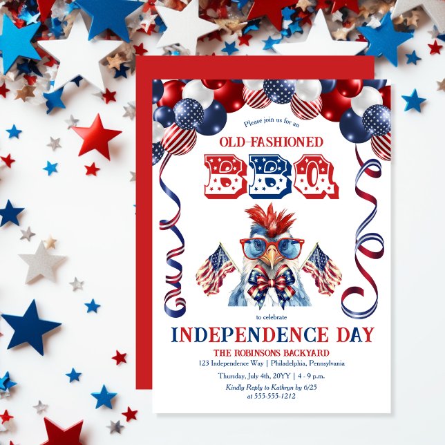 Patriotic Chicken Sunglasses Independence Day BBQ Invitation (Balloon Arch Cute Cool Chicken Sporting Sunglasses Independence Day BBQ July 4 Invitation)