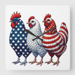 Patriotic Chickens Square Wall Clock