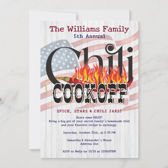 Patriotic Chilli Cookoff Rustic Flag Fall Party Invitation (Front)