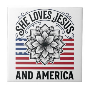 Patriotic Christian Flower Vintage T-Shirt Ceramic Tile