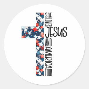 Patriotic Christian She Loves Jesus And America To Classic Round Sticker