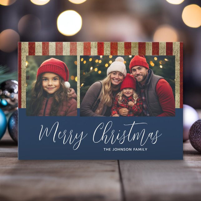 Patriotic Christmas 2 photo collage USA Flag Holiday Card (Red White and Blue - Stars and Stripes Christmas Photo Card)