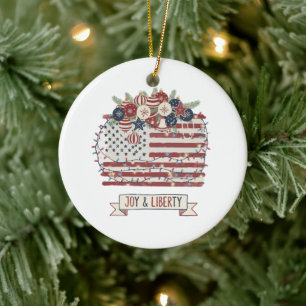 Patriotic Christmas American Flag "Joy & Liberty" Ceramic Ornament
