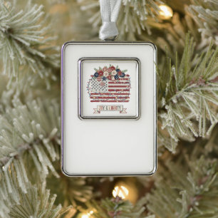 Patriotic Christmas American Flag "Joy & Liberty" Silver Plated Framed Ornament