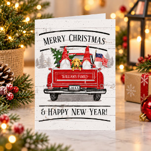 Patriotic Christmas Gnome Dog Vintage Red Truck Holiday Card
