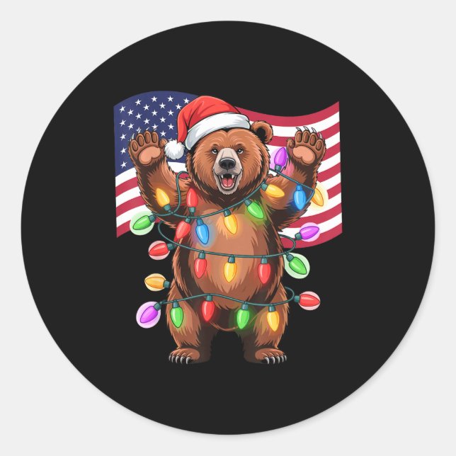 Patriotic Christmas Grizzly Bear Holiday Light San Classic Round Sticker (Front)