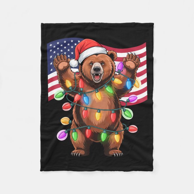 Patriotic Christmas Grizzly Bear Holiday Light San Fleece Blanket (Front)