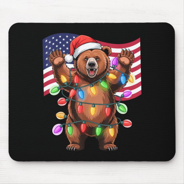 Patriotic Christmas Grizzly Bear Holiday Light San Mouse Pad (Front)