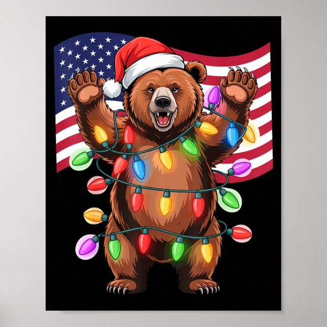 Patriotic Christmas Grizzly Bear Holiday Light San Poster (Front)