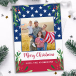 Patriotic Christmas Military Photo American Flag Holiday Card<br><div class="desc">Send Merry Christmas greetings to friends and family with this unique USA American Flag Christmas Card - USA American flag design modern red white blue design with holly and berries. Personalise with your favourite photo and family name. This patriotic Christmas card is perfect for military families, veterans, patriotic family christmas...</div>