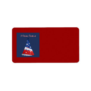 Patriotic Christmas, red, white, blue tree on red Label
