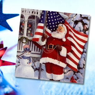 Patriotic Christmas Santa Holding American Flag Holiday Card