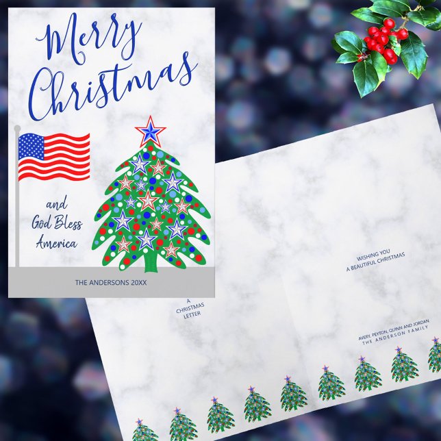 Patriotic Christmas Tree American Flag Holiday Card (Celebrate Christmas and America with these patriotic Christmas greeting cards)