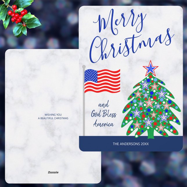 Patriotic Christmas Tree God Bless America Holiday Card (It's easy to personalize these patriotic Christmas cards for your holiday greetings)