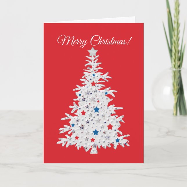 Patriotic Christmas Tree on red with snowflakes Holiday Card (Front)