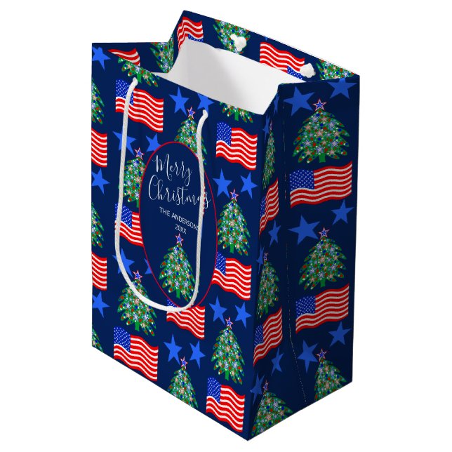 Patriotic Christmas Tree Pattern Personalised Medium Gift Bag (Front Angled)