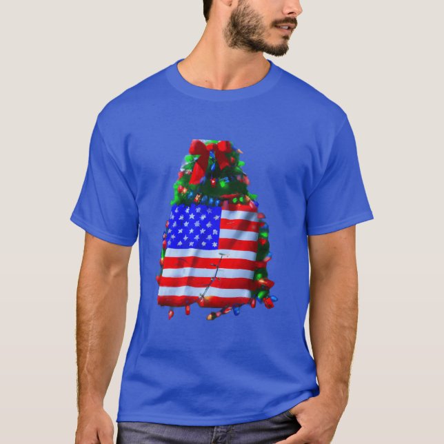 Patriotic Christmas US Flag Christmasree funny T-Shirt (Front)