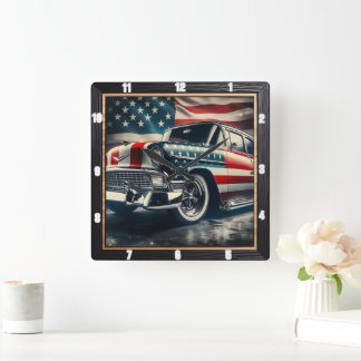 Patriotic Classic Car Square Wall Clock
