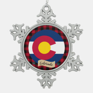 Patriotic Colorado, buffalo plaid, Colorado Flag Snowflake Pewter Christmas Ornament
