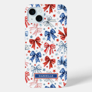 Patriotic Coquette Bows Monogrammed iPhone 15 Mini Case